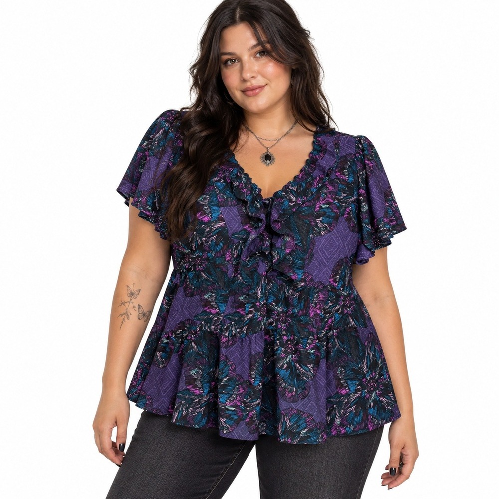 Lane Bryant Blouse Womens 18 Purple Floral Ruffle Peplum V-Neck Boho Whimsigoth